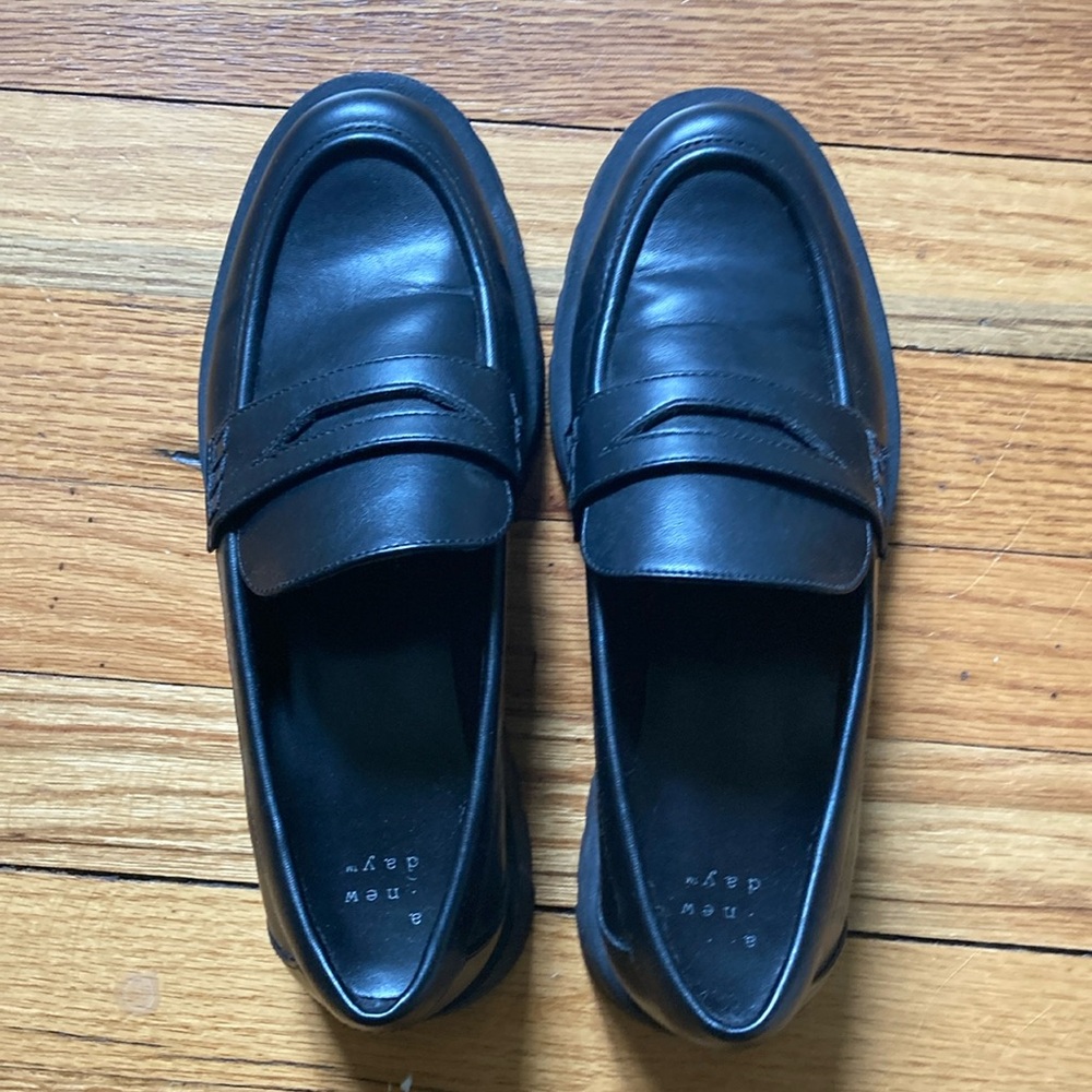 A New Day Black Leather Loafers Slip-On Style